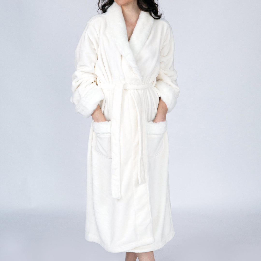 Belgian Luxurious Robe Ultra Plush Faux faux Fleece Sherpa Trim with 2 Pockets and Belt Image 6