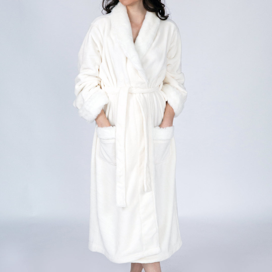 Belgian Luxurious Robe Ultra Plush Faux faux Fleece Sherpa Trim with 2 Pockets and Belt Image 1