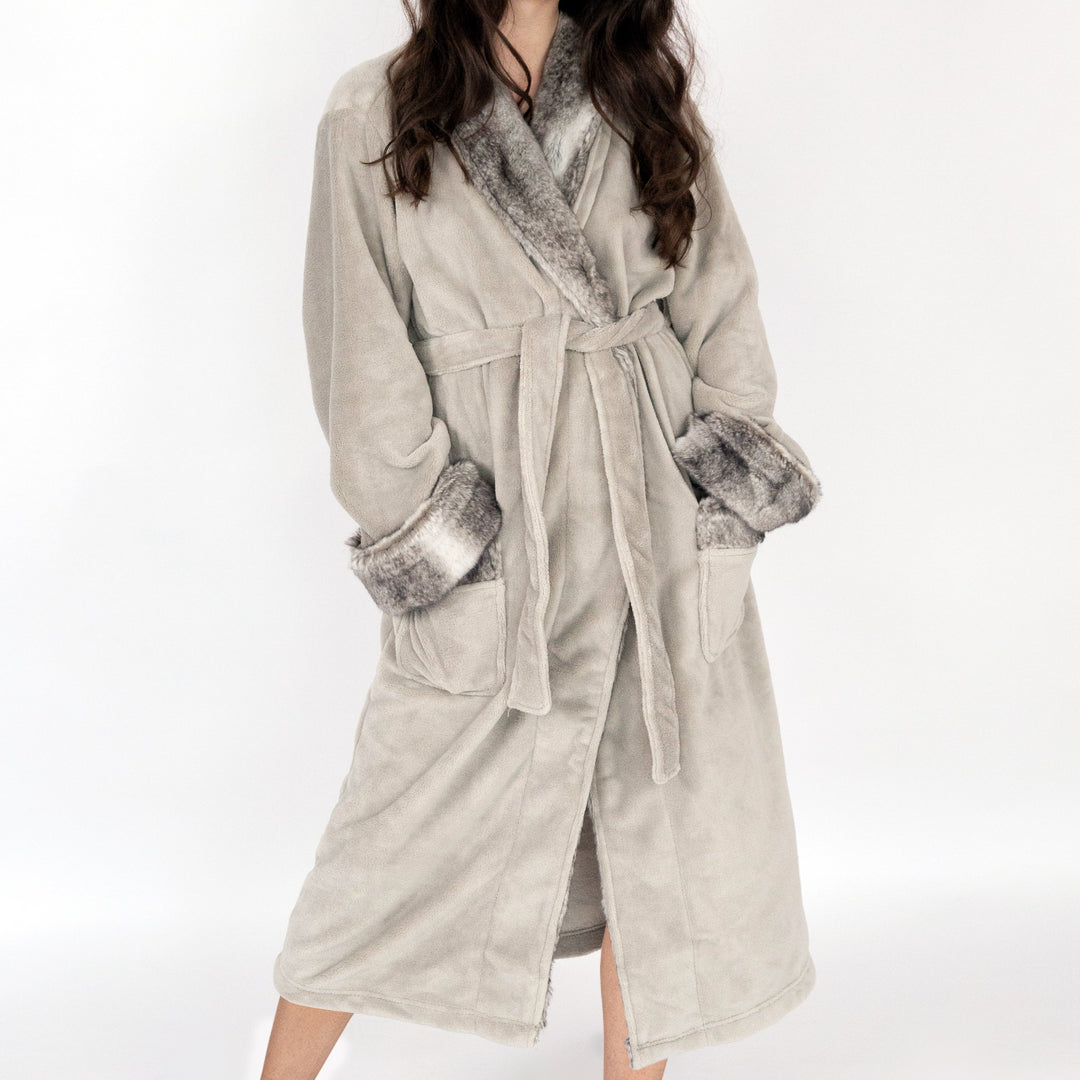 Belgian Luxurious Robe Ultra Plush Faux faux Fleece Sherpa Trim with 2 Pockets and Belt Image 10