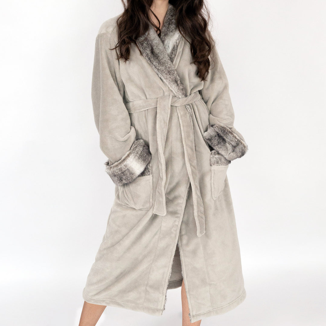 Belgian Luxurious Robe Ultra Plush Faux faux Fleece Sherpa Trim with 2 Pockets and Belt Image 1