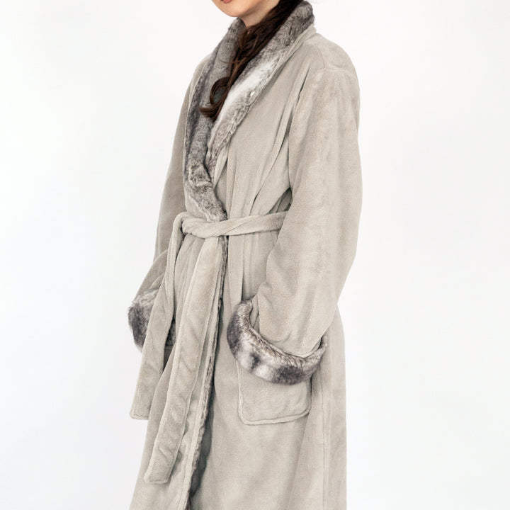 Belgian Luxurious Robe Ultra Plush Faux faux Fleece Sherpa Trim with 2 Pockets and Belt Image 11