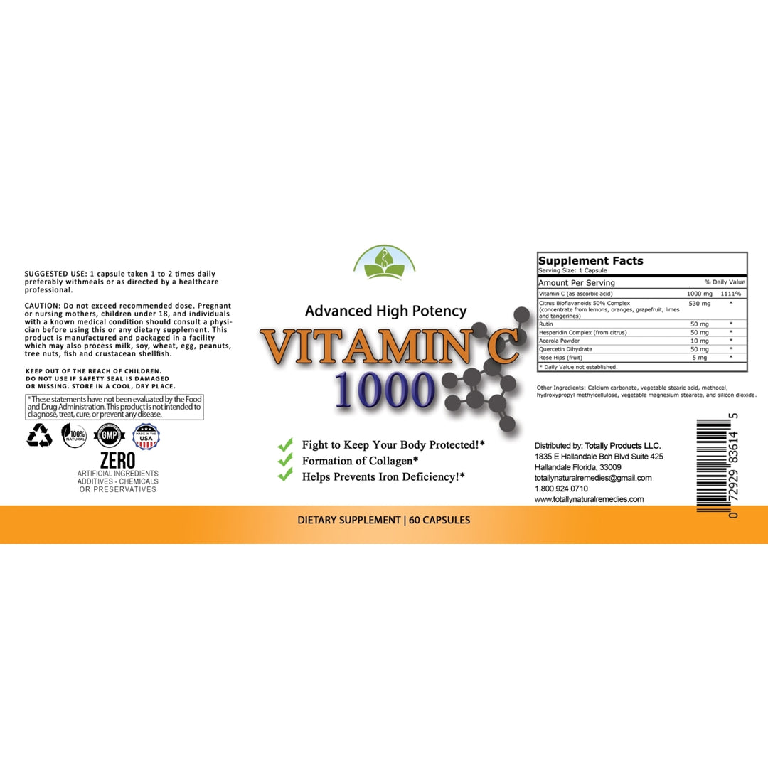 Totally Products Vitamin C 1000mg Immune Support 60 Capsules Dietary Supplement Image 2