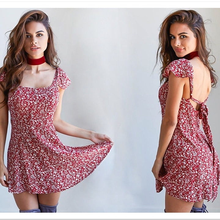 Womens Small Floral Square Collar Backless Dress Image 4
