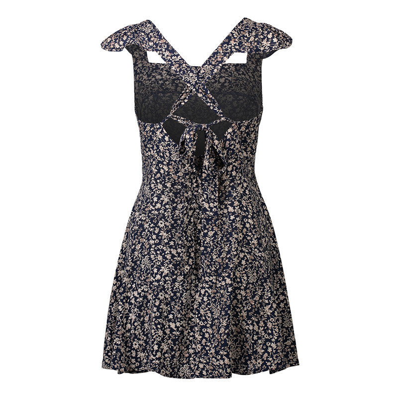 Womens Small Floral Square Collar Backless Dress Image 8