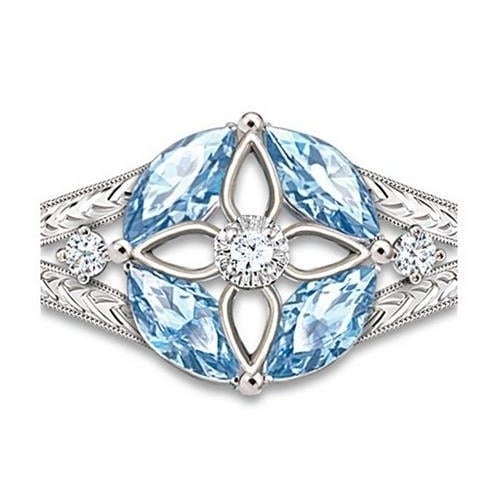 Simple blue gem cut-out four leaf grass ring Image 2