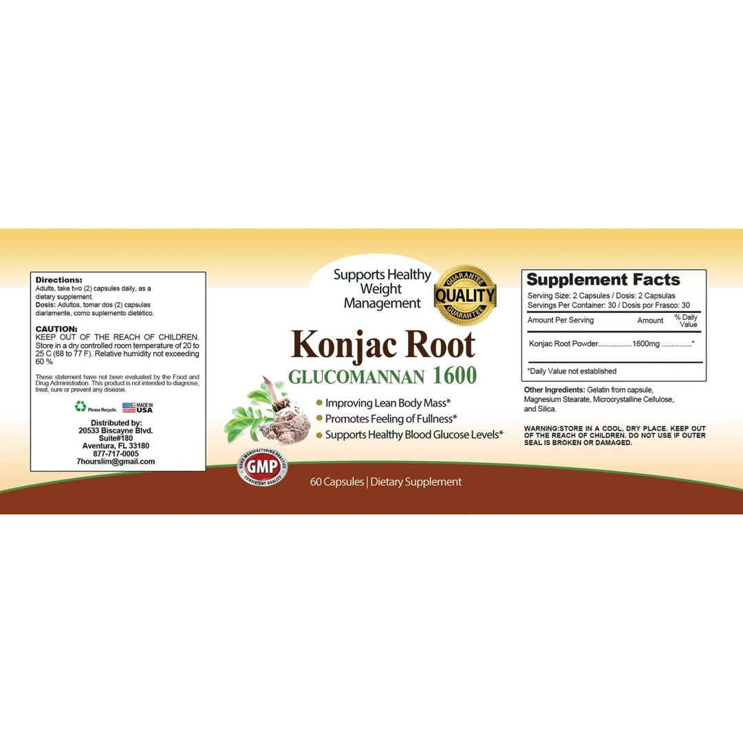 Pure Konjac Root 1600mg Weight Loss Capsules 60 Count Natural Fiber Supplement Image 3