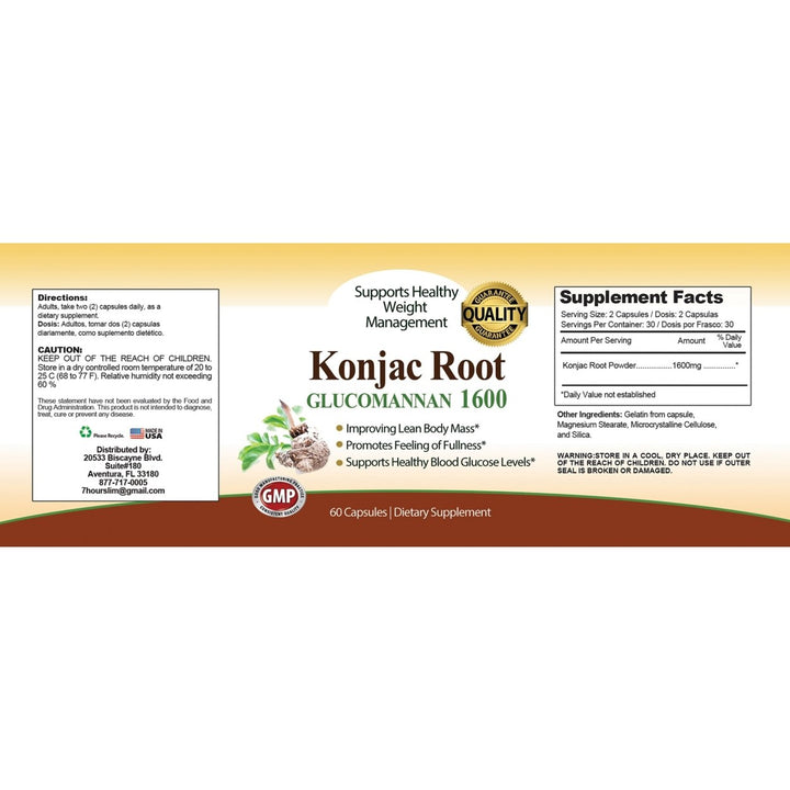 Pure Konjac Root 1600mg Weight Loss Capsules 60 Count Natural Fiber Supplement Image 3