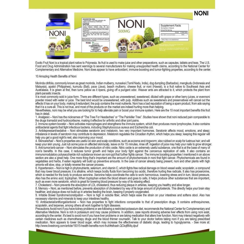 Noni Fruit Concentrate 500 MG Immune Health and Cellular Support (60 Powder Capsules) Image 2