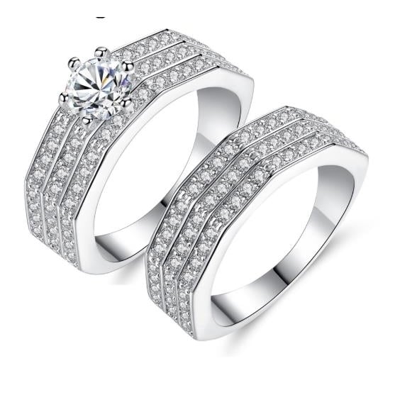 Artificial zircon ring creative couple ring set in three layers Image 1