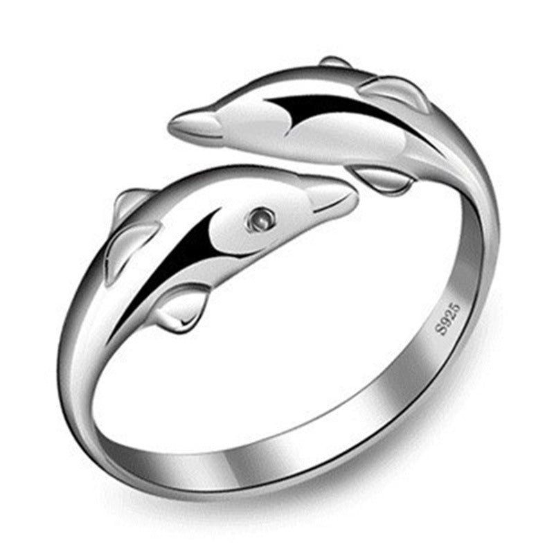 Female Happy Double Dolphin Love Open Ring Image 1