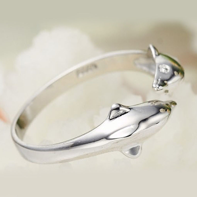 Female Happy Double Dolphin Love Open Ring Image 2