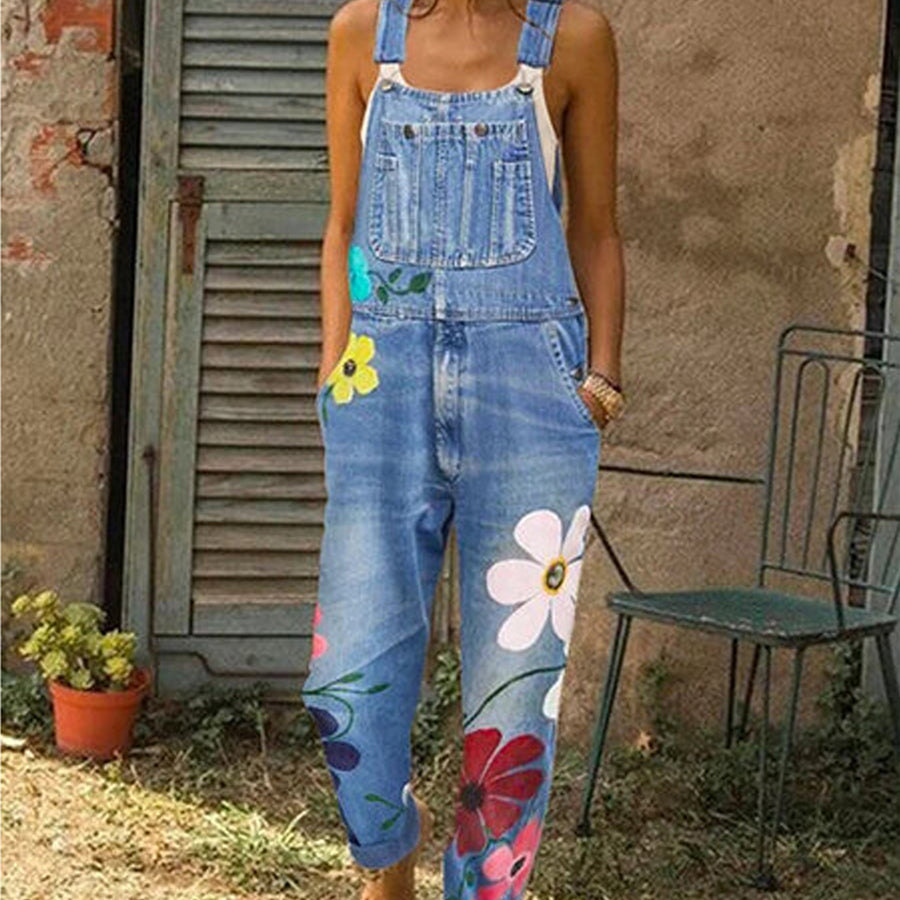 Denim Overalls with Colorful Flowers AccentsS-2X Image 1
