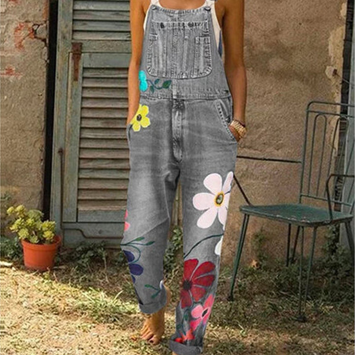 Denim Overalls with Colorful Flowers Accents S-2X Image 1