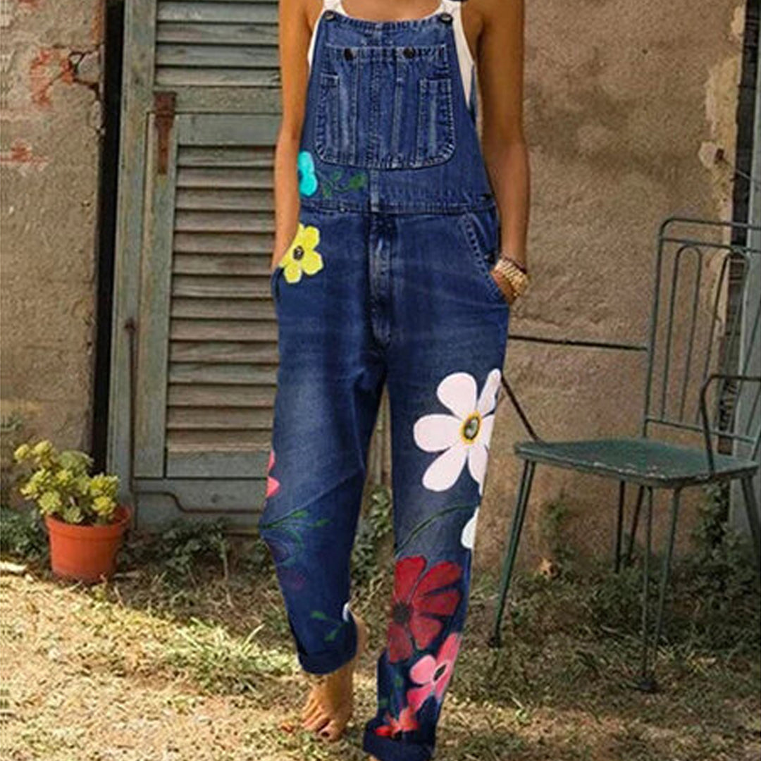 Denim Overalls with Colorful Flowers AccentsS-2X Image 3