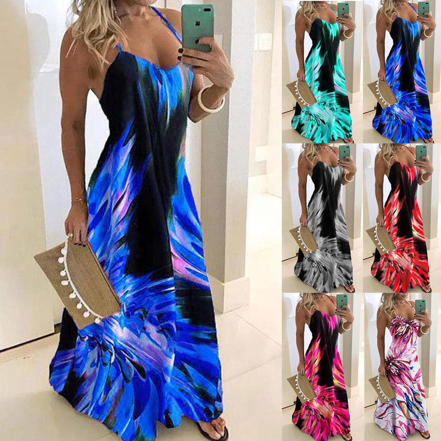 Womens Slim Plus Size Maxi Ink Printing Spaghetti Strap Dress Image 1