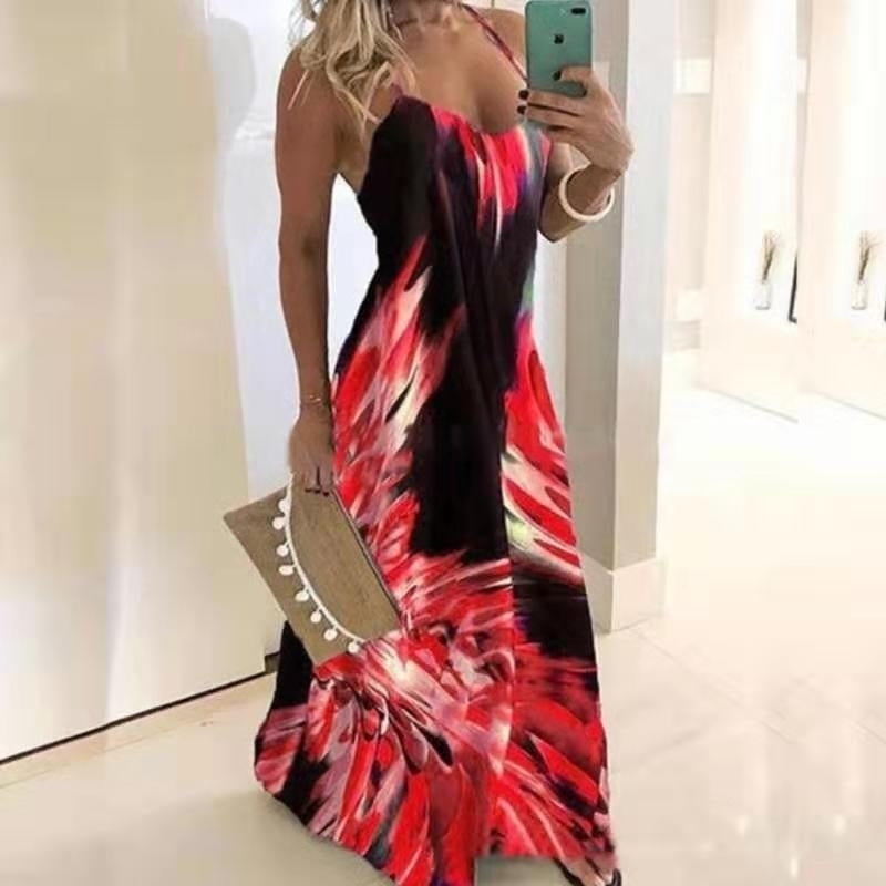 Womens Slim Plus Size Maxi Ink Printing Spaghetti Strap Dress Image 4