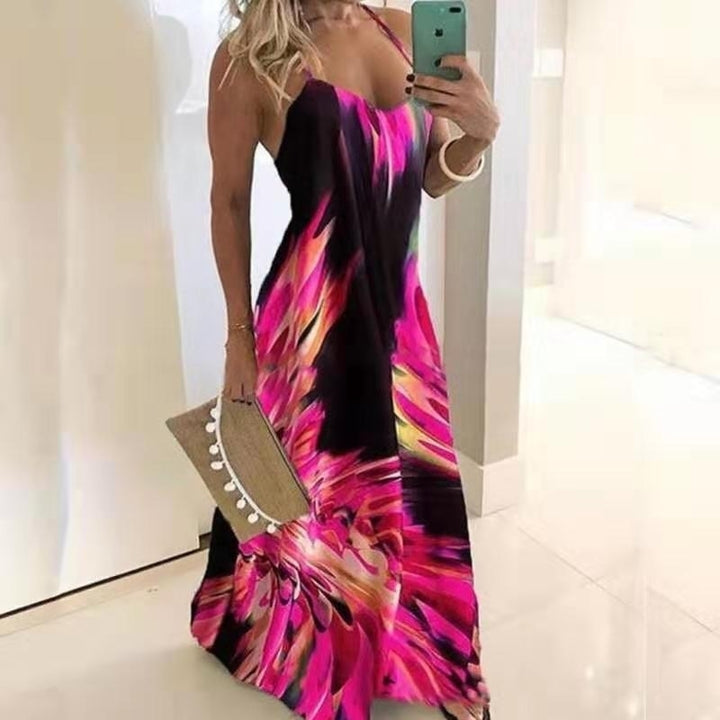 Womens Slim Plus Size Maxi Ink Printing Spaghetti Strap Dress Image 7