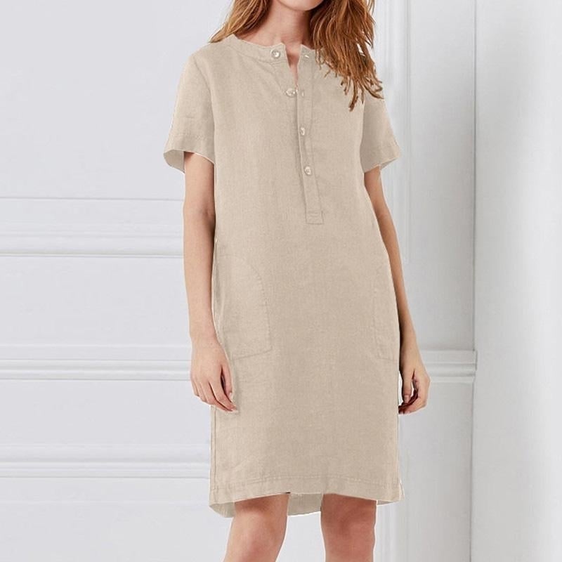 Womens O Neck Short Sleeve Cotton Linen Casual Knee Length Dress Image 1