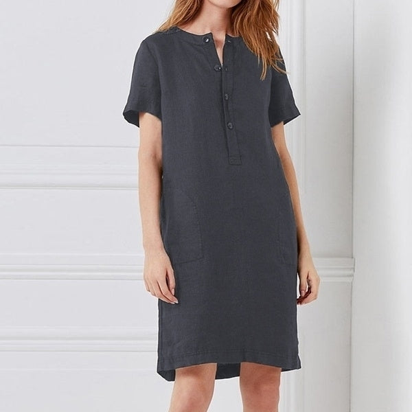 Womens O Neck Short Sleeve Cotton Linen Casual Knee Length Dress Image 6