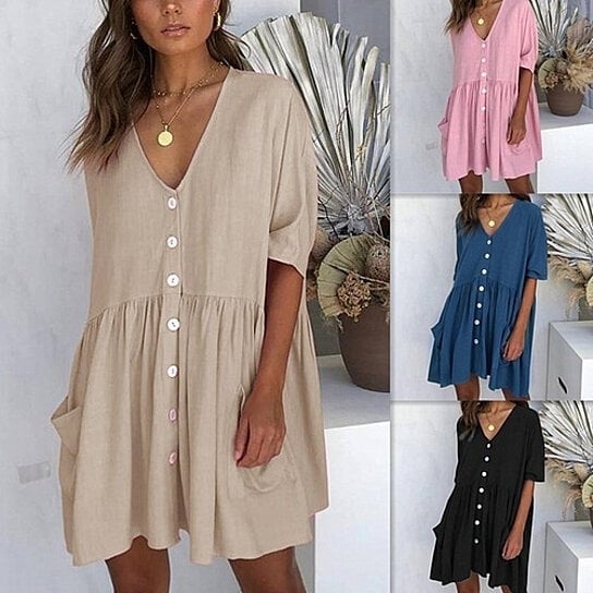 V Neck Short Sleeve Button Down Loose Fit Mini Dresses,S to XL Image 1