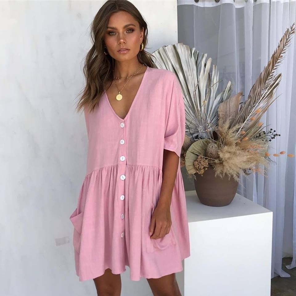 V Neck Short Sleeve Button Down Loose Fit Mini Dresses,S to XL Image 3