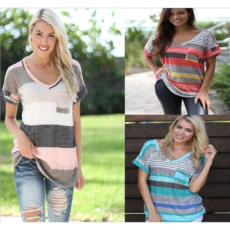 V-Neck Stripe Short Sleeve Tee in Plus Size S to 5XL Image 1