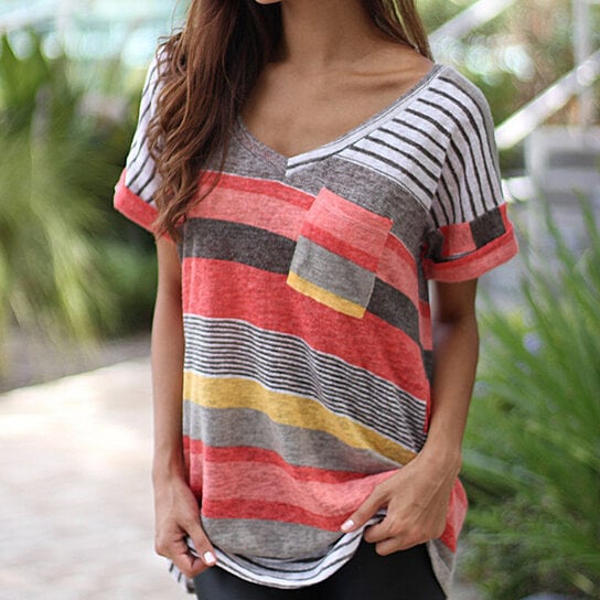 V-Neck Stripe Short Sleeve Tee in Plus Size S to 5XL Image 1