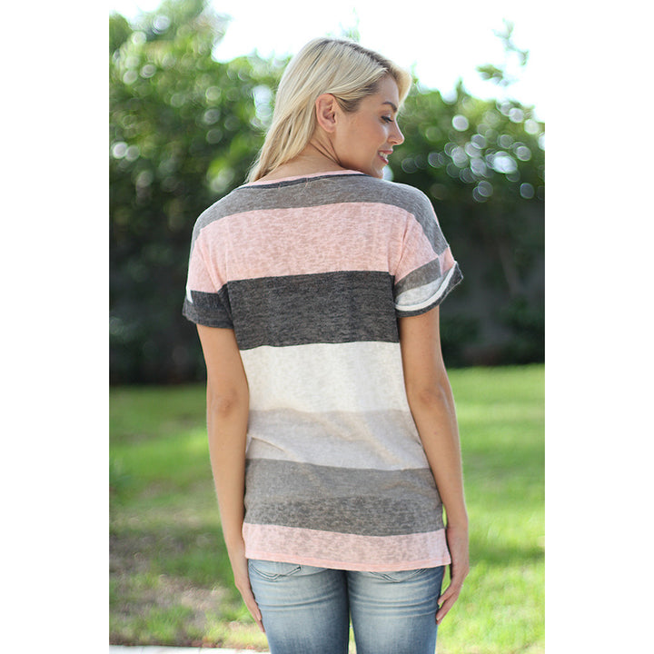 V-Neck Stripe Short Sleeve Tee in Plus Size S to 5XL Image 6