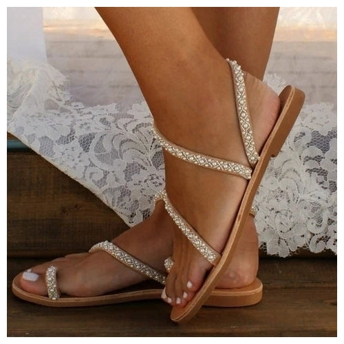 Women Boho Handmade Pearl Beach Sandals Bridal Shoes Image 2