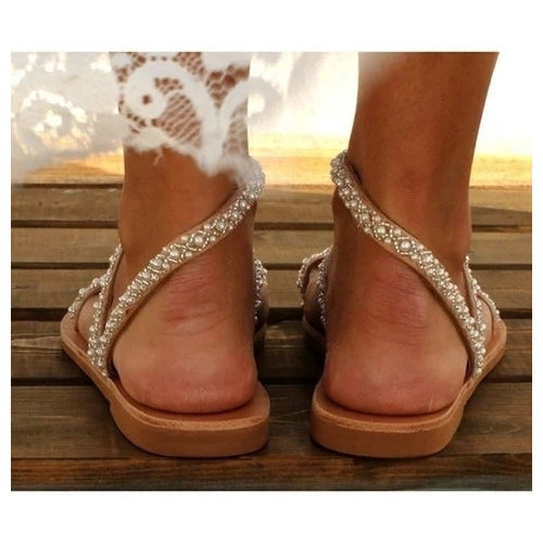 Women Boho Handmade Pearl Beach Sandals Bridal Shoes Image 4