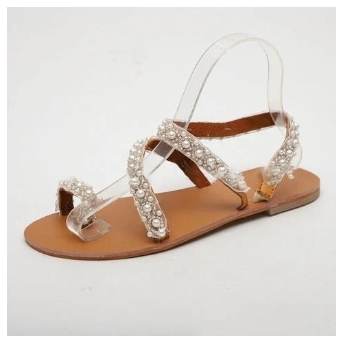 Women Boho Handmade Pearl Beach Sandals Bridal Shoes Image 6