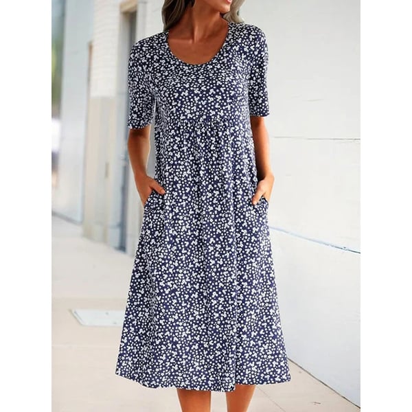 Women Summer Plus Size Floral Pockets Midi Short Sleeve H-lined Shift Dress Image 1