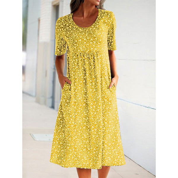 Women Summer Plus Size Floral Pockets Midi Short Sleeve H-lined Shift Dress Image 2