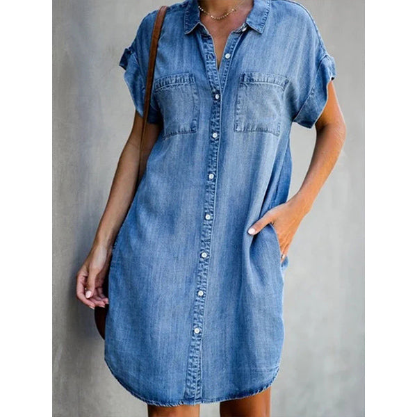 Blue Shirt Collar Plain Short Sleeve Denim Dresses Image 1