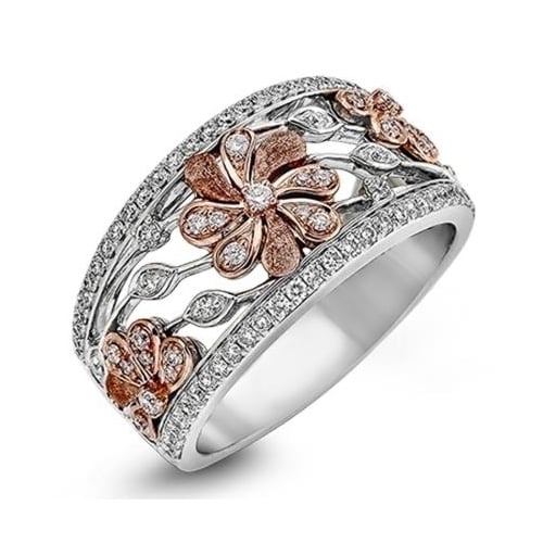 Exquisite carved design hollow out two color micro inlaid Artificial zircon small flower lady ring Image 1