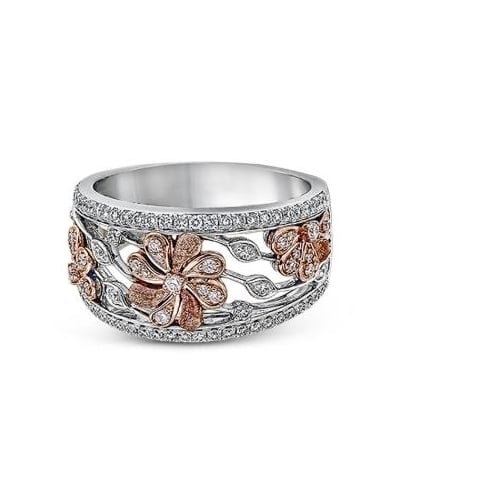 Exquisite carved design hollow out two color micro inlaid Artificial zircon small flower lady ring Image 2