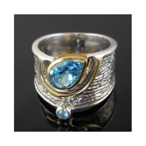 Creative national style design with blue water drop Artificial zircon ring Image 2