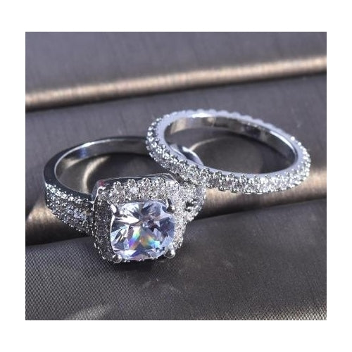 Artificial zircon set ring luxury engagement couple ring Image 2