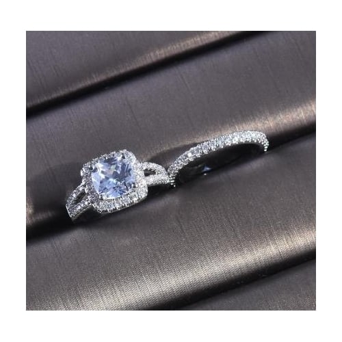 Artificial zircon set ring luxury engagement couple ring Image 4