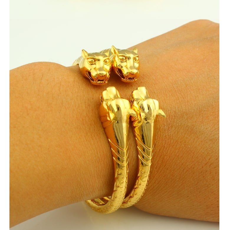 18k Yellow Gold Filled High Polish Finsh Lion Adjustable Bangle 2pc Set Image 1