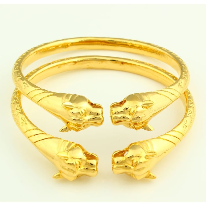 18k Yellow Gold Filled High Polish Finsh Lion Adjustable Bangle 2pc Set Image 2