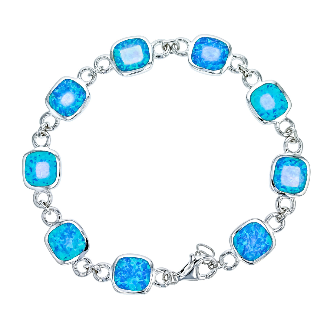 Sterling Silver Created Blue Opal Rectangle Link Bracelet Image 1