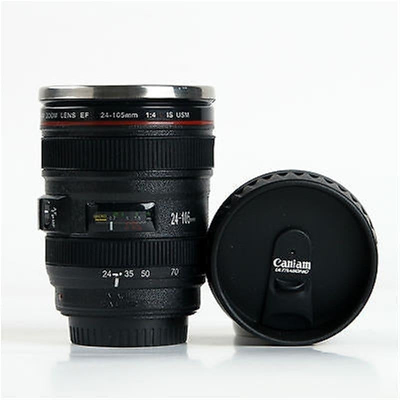 24-105MM Lens Camera Travel Coffee Tea Cup Mug Creative Cup Stainless Steel Brushed Liner Black (Black 400ml) Image 1