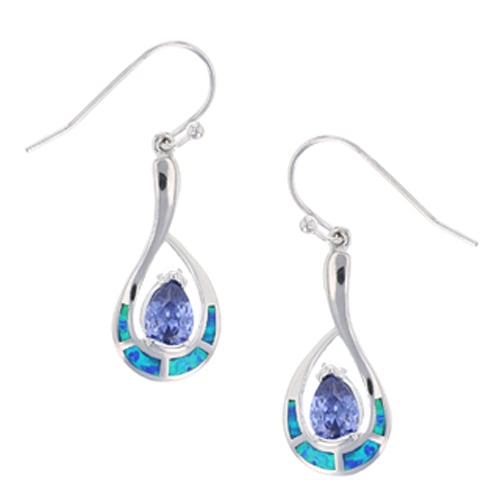 Sterling Silver Created Blue Opal With Tanzanite CZ Pear Shape Dangle Earrings Image 1