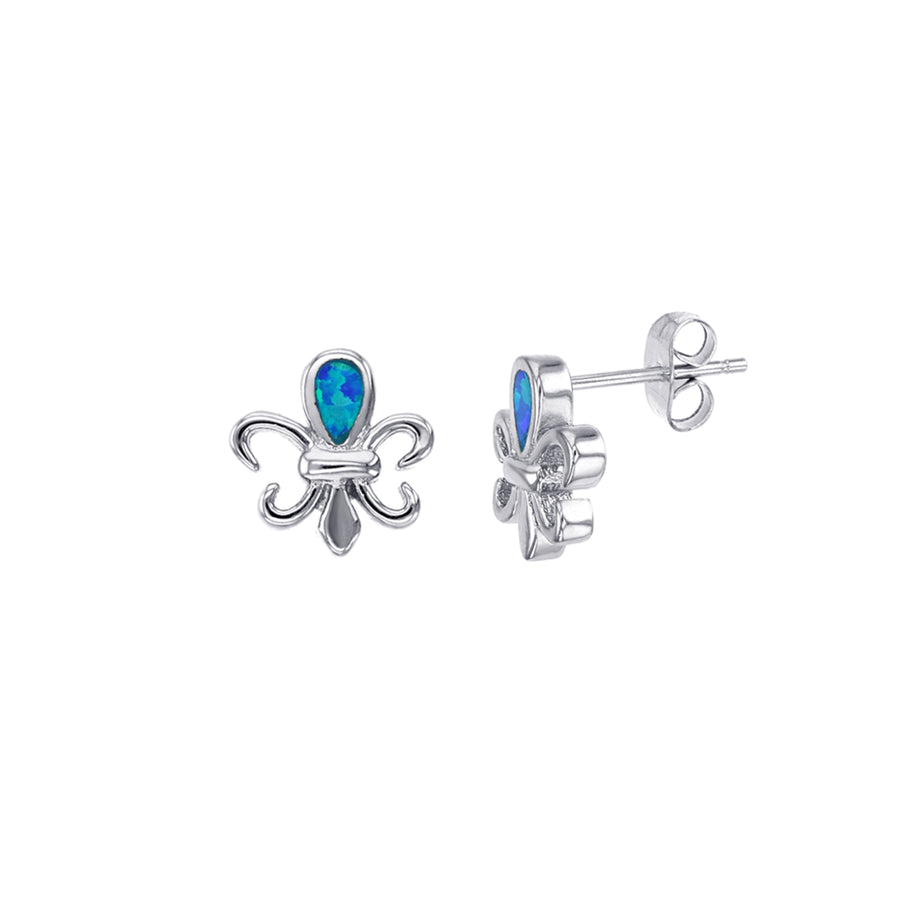 Sterling Silver Created Blue Opal Fleur-de-lis Post Earrings Image 1