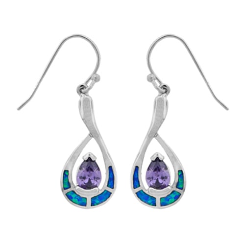 Sterling Silver Created Blue Opal With Tanzanite CZ Pear Shape Dangle Earrings Image 1