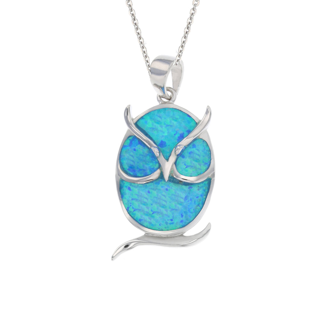 Sterling Silver Created Blue Opal Owl Pendant Necklace Image 1