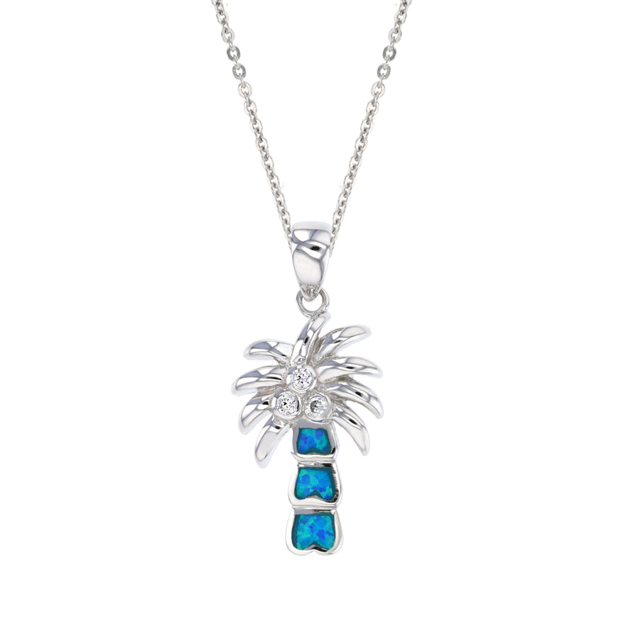 Sterling Silver Created Blue Opal Palm Tree Pendant Necklace Image 1