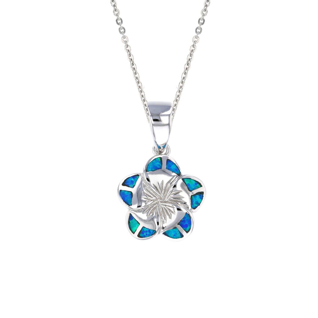 Sterling Silver Created Blue Opal Plumeria Flower Pendant Necklace Image 1