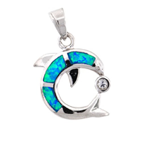 Sterling Silver Created Blue Opal Dolphin CZ Pendant Necklace Image 1